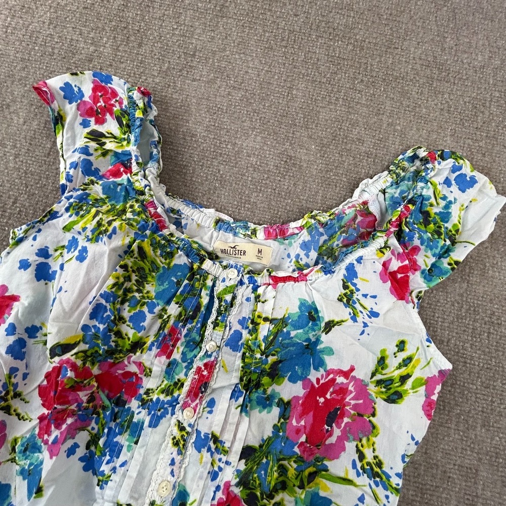Hollister Blouse Top Womens Medium Multicolor Floral Cotton Pintucked Wide Strap